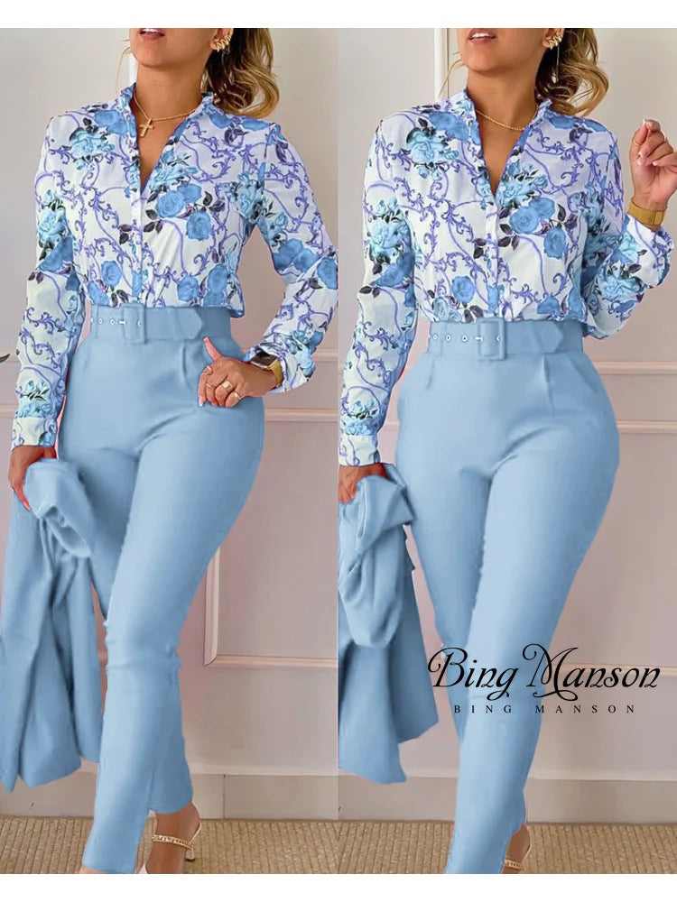 2023 Summer Women's Leisure Tropical Print Tassel Long Sleeve Top and Pants Set with Belt Women's Two Piece Set Work Clothes